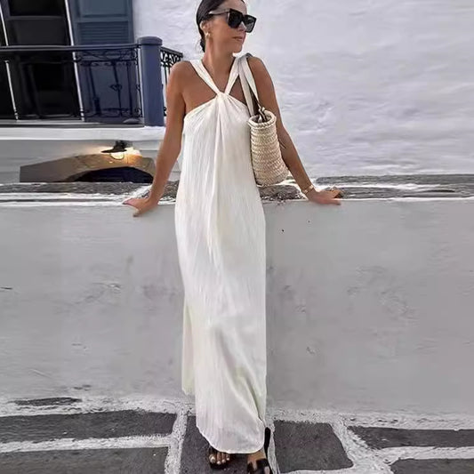 LÉONE® | Robe Longue Plissée à Col Halter